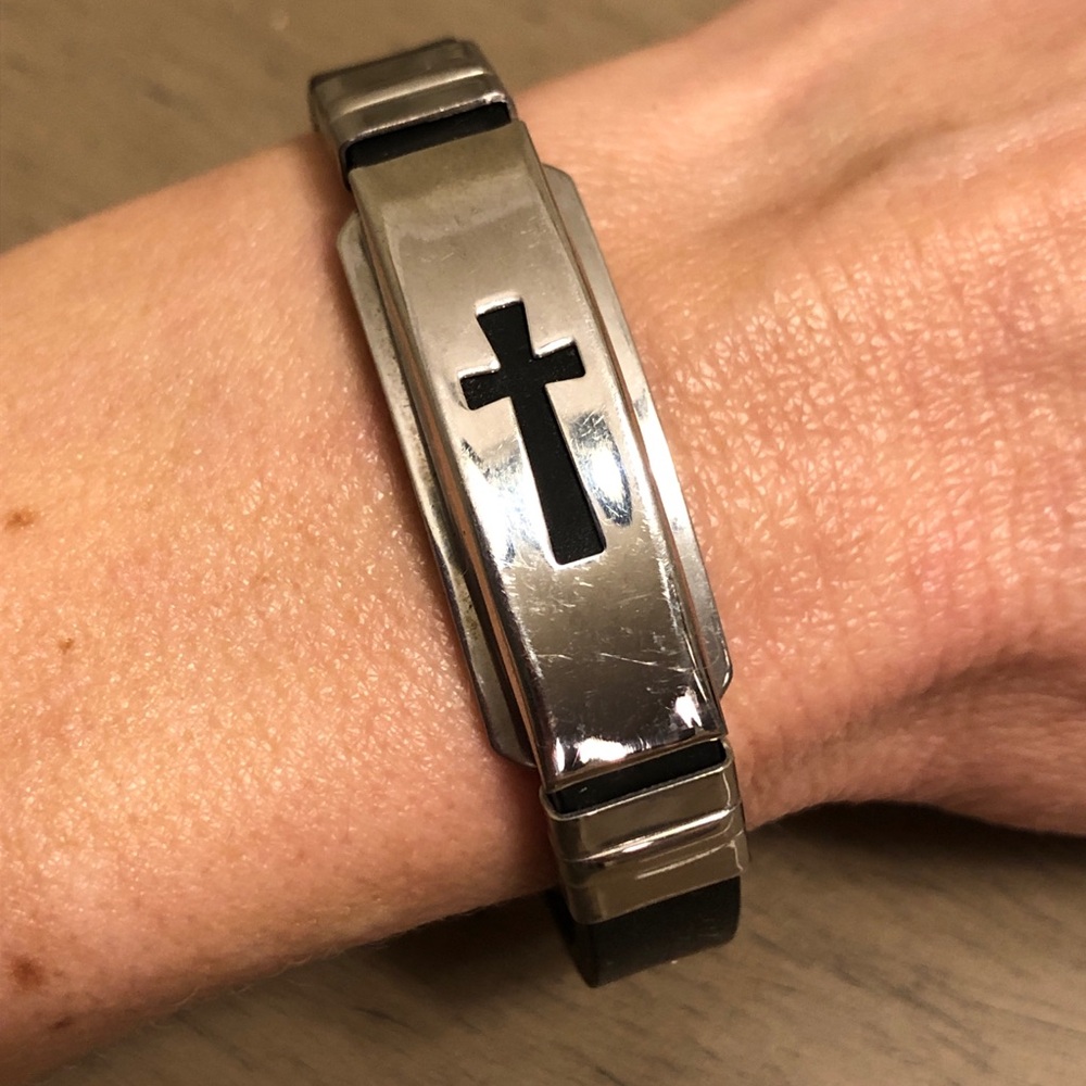 Silver Tone and Black Men’s Jesus Cross Bracelet